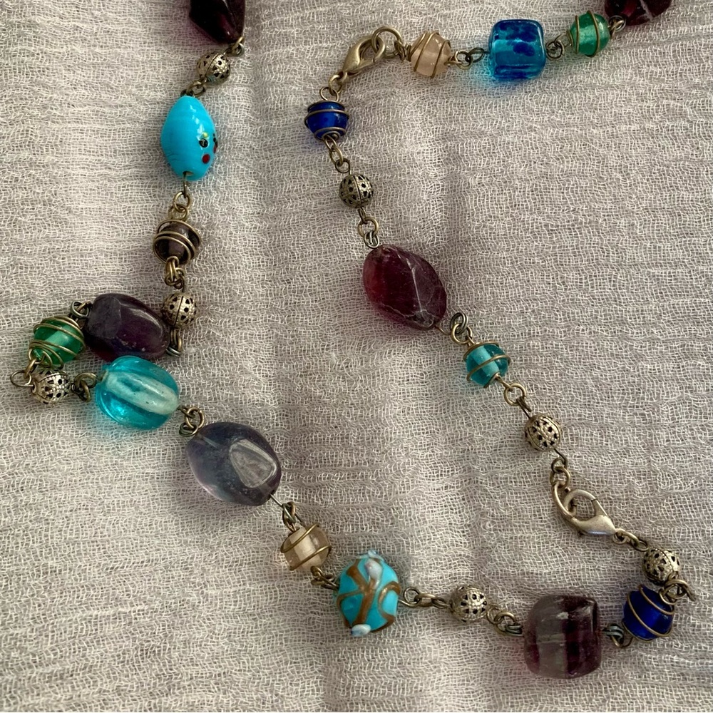 Gemstone and glass beads link necklace. On sale